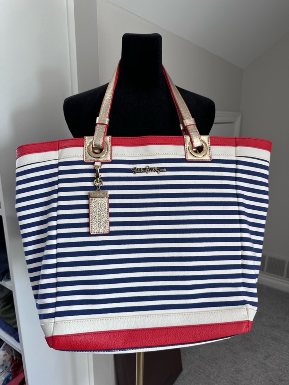 Lilly Pulitzer Navy Stripe Tote with Red Trim
